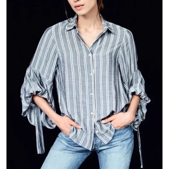 HARSHMAN Violetta Tie Sleeve Button Front Shirt Medium Gray - Picture 2 of 8